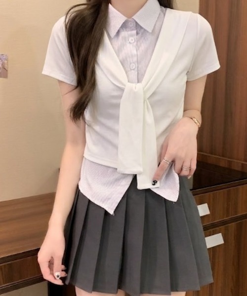 Mejoul（メジュール）の「【2026春夏新作】シャツレイヤード風 肩掛けデザイン半袖トップス（シャツ/ブラウス・レディース・ホワイト/グレー/ネイビー・F）」の6枚目の写真