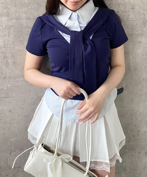 Mejoul（メジュール）の「【2026春夏新作】シャツレイヤード風 肩掛けデザイン半袖トップス（シャツ/ブラウス・レディース・ホワイト/グレー/ネイビー・F）」の19枚目の写真
