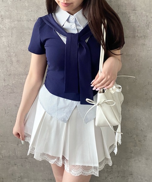 Mejoul（メジュール）の「【2026春夏新作】シャツレイヤード風 肩掛けデザイン半袖トップス（シャツ/ブラウス・レディース・ホワイト/グレー/ネイビー・F）」の21枚目の写真