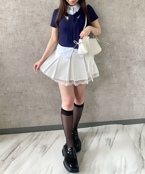 Mejoul（メジュール）の「【2026春夏新作】シャツレイヤード風 肩掛けデザイン半袖トップス（シャツ/ブラウス・レディース・ホワイト/グレー/ネイビー・F）」の22枚目の写真