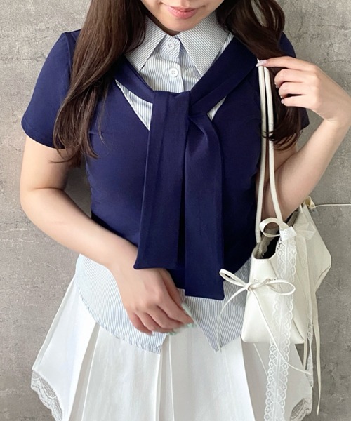 Mejoul（メジュール）の「【2026春夏新作】シャツレイヤード風 肩掛けデザイン半袖トップス（シャツ/ブラウス・レディース・ホワイト/グレー/ネイビー・F）」の20枚目の写真