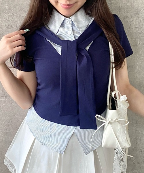 Mejoul（メジュール）の「【2026春夏新作】シャツレイヤード風 肩掛けデザイン半袖トップス（シャツ/ブラウス・レディース・ホワイト/グレー/ネイビー・F）」の18枚目の写真