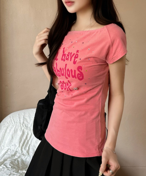 Ada.(エイダ)の「ビジューロゴ ボートネック スリム カットソー(Tシャツ/カットソー・レディース・ホワイト/ピンク/ドット・FREE)」の13枚目の写真