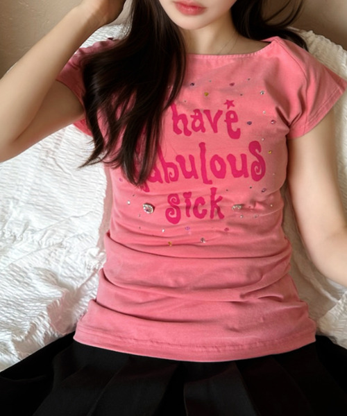 Ada.(エイダ)の「ビジューロゴ ボートネック スリム カットソー(Tシャツ/カットソー・レディース・ホワイト/ピンク/ドット・FREE)」の16枚目の写真