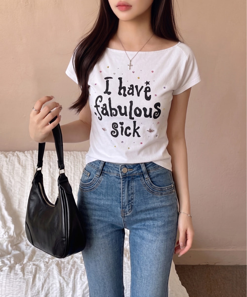 Ada.(エイダ)の「ビジューロゴ ボートネック スリム カットソー(Tシャツ/カットソー・レディース・ホワイト/ピンク/ドット・FREE)」の5枚目の写真