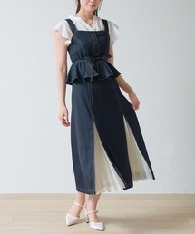 麻調合繊 シフォンプリーツ切替Set-Up風 ペプラムジャンスカ