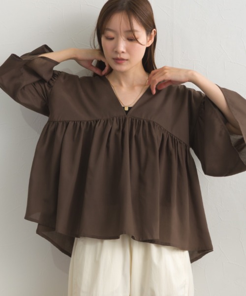 OMNES(オムネス)の「コットンライクギャザー長袖ブラウス(シャツ/ブラウス・レディース・カーキ/グリーン/ブラック/ベージュ・FREE)」の4枚目の写真
