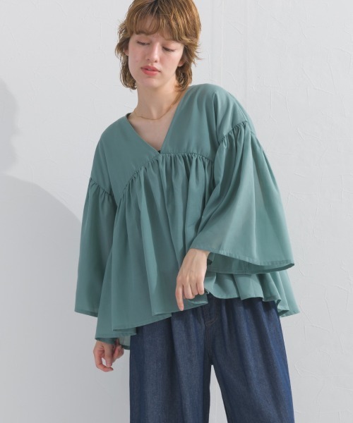 OMNES(オムネス)の「コットンライクギャザー長袖ブラウス(シャツ/ブラウス・レディース・カーキ/グリーン/ブラック/ベージュ・FREE)」の14枚目の写真