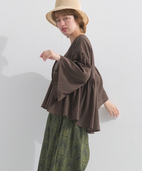 OMNES(オムネス)の「コットンライクギャザー長袖ブラウス(シャツ/ブラウス・レディース・カーキ/グリーン/ブラック/ベージュ・FREE)」の18枚目の写真