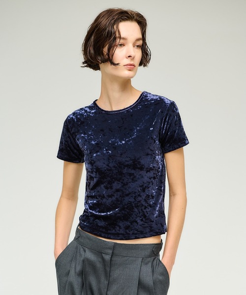 ESTNATION(エストネーション)の「ESTNATION / ベロアミニTシャツ(Tシャツ/カットソー・レディース・ベージュ/ネイビー・FREE)」の1枚目の写真