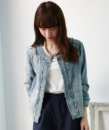 REAL CUBE | CYNICAL 透かしレース七分袖ノーカラーデニムジャケット(デニムジャケット)