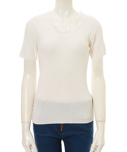 Color（カラー）の「Vネックレースリブニット（ニット/セーター・レディース・ブラック/サックスブルー/スモークピンク/ベージュ/ホワイト・MEDIUM）」の2枚目の写真