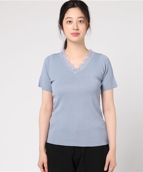 Color（カラー）の「Vネックレースリブニット（ニット/セーター・レディース・ブラック/サックスブルー/スモークピンク/ベージュ/ホワイト・MEDIUM）」の6枚目の写真