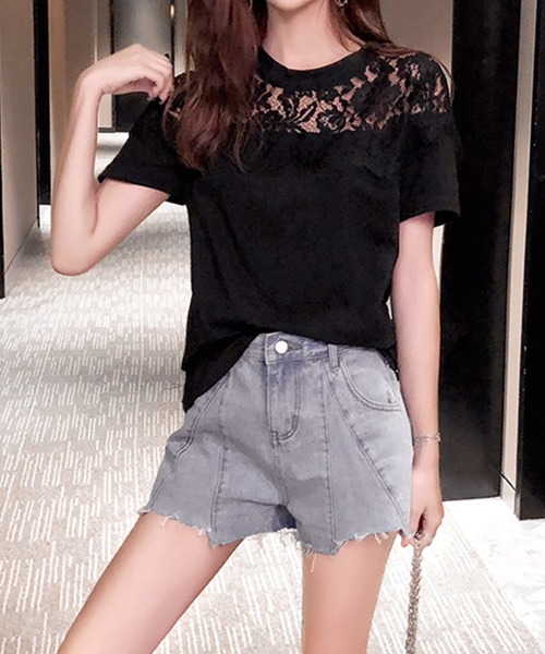 Primazel(プリマゼル)の「デコルテシアーレース切り替え半袖カットソー(Tシャツ/カットソー・レディース・ブラック/ホワイト・M)」の8枚目の写真