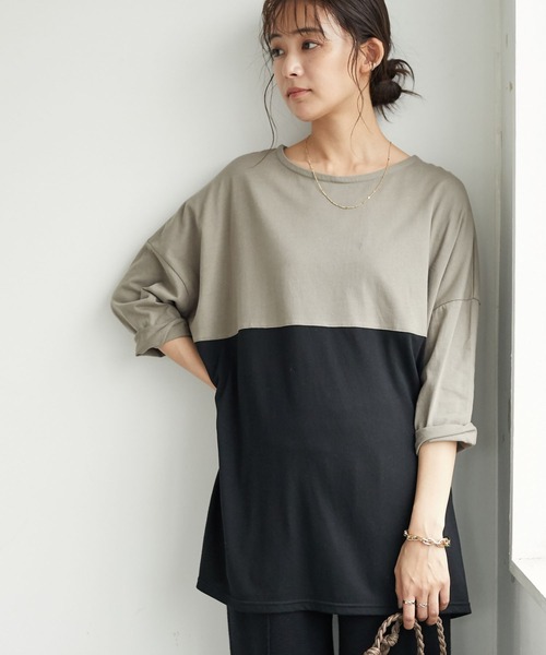 CRAFT STANDARD BOUTIQUE(クラフトスタンダードブティック)の「バイカラーワイドチュニック *(Tシャツ/カットソー・レディース・ベージュ/ネイビー/カーキ/ブラック・FREE)」の2枚目の写真