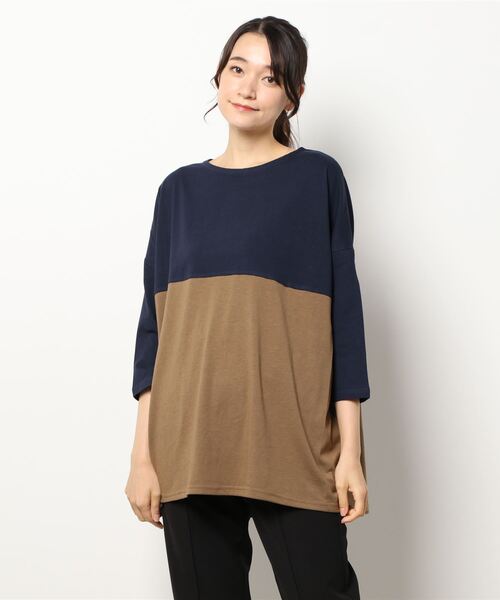 CRAFT STANDARD BOUTIQUE(クラフトスタンダードブティック)の「バイカラーワイドチュニック *(Tシャツ/カットソー・レディース・ベージュ/ネイビー/カーキ/ブラック・FREE)」の5枚目の写真