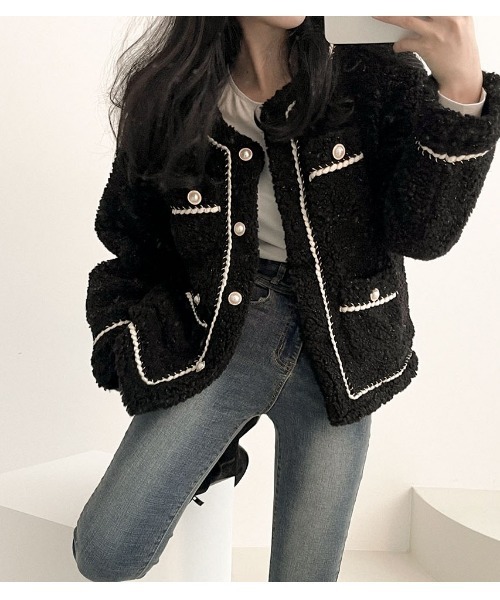 BEIDELLI（ベイデリー）の「[BELLIDE MADE] グレースツイードパーボタンジャケット（ノーカラージャケット・レディース・アイボリー/ブラック・FREE）」の2枚目の写真