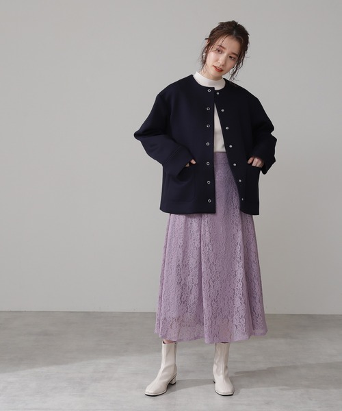 N.（N. Natural Beauty Basic）（エヌエヌナチュラルビューティーベーシック）の「◆ノーカラーダンボールブルゾン（ブルゾン・レディース・ネイビー/オフホワイト/ライトグリーン・MEDIUM）」の6枚目の写真