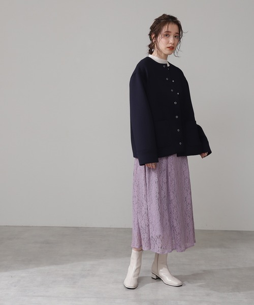 N.（N. Natural Beauty Basic）（エヌエヌナチュラルビューティーベーシック）の「◆ノーカラーダンボールブルゾン（ブルゾン・レディース・ネイビー/オフホワイト/ライトグリーン・MEDIUM）」の7枚目の写真