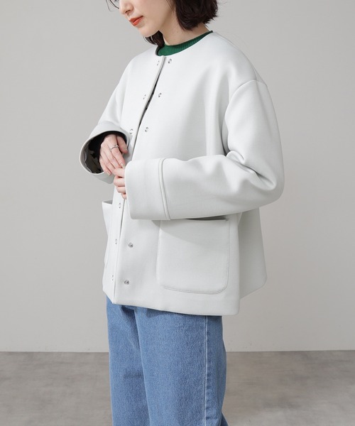 N.（N. Natural Beauty Basic）（エヌエヌナチュラルビューティーベーシック）の「◆ノーカラーダンボールブルゾン（ブルゾン・レディース・ネイビー/オフホワイト/ライトグリーン・MEDIUM）」の10枚目の写真