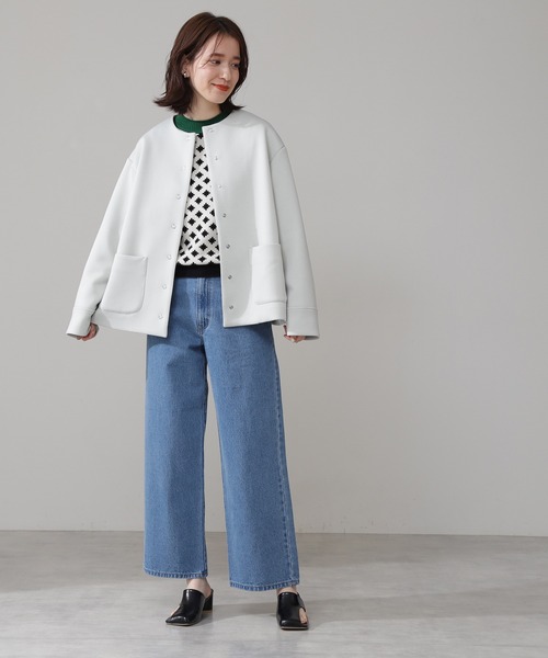 N.（N. Natural Beauty Basic）（エヌエヌナチュラルビューティーベーシック）の「◆ノーカラーダンボールブルゾン（ブルゾン・レディース・ネイビー/オフホワイト/ライトグリーン・MEDIUM）」の8枚目の写真