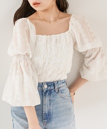 【Web限定】シャーリング刺繍レースパフスリーブブラウス