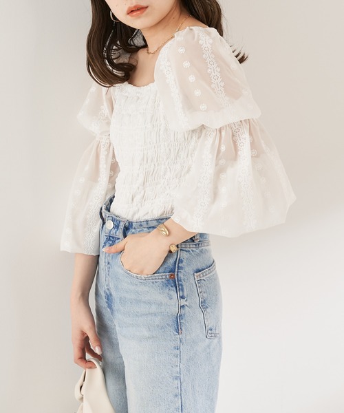 Web限定】シャーリング刺繍レースパフスリーブブラウス（シャツ