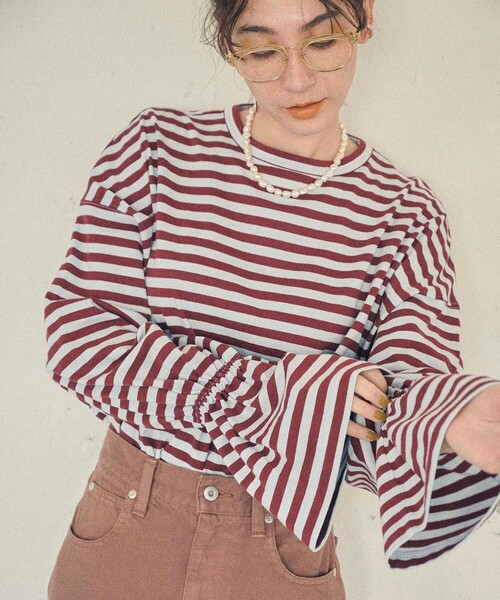 MATURED（マチュアード）の「【MATURED/マチュアード】デザインボーダートップス（Tシャツ/カットソー・レディース・ベージュ/オレンジ/ブルー・FREE）」の11枚目の写真