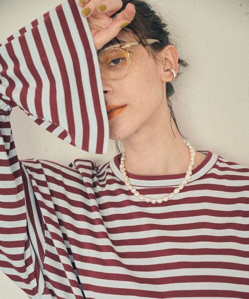 MATURED（マチュアード）の「【MATURED/マチュアード】デザインボーダートップス（Tシャツ/カットソー・レディース・ベージュ/オレンジ/ブルー・FREE）」の14枚目の写真