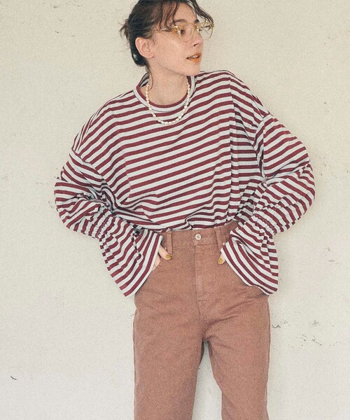 MATURED（マチュアード）の「【MATURED/マチュアード】デザインボーダートップス（Tシャツ/カットソー・レディース・ベージュ/オレンジ/ブルー・FREE）」の12枚目の写真