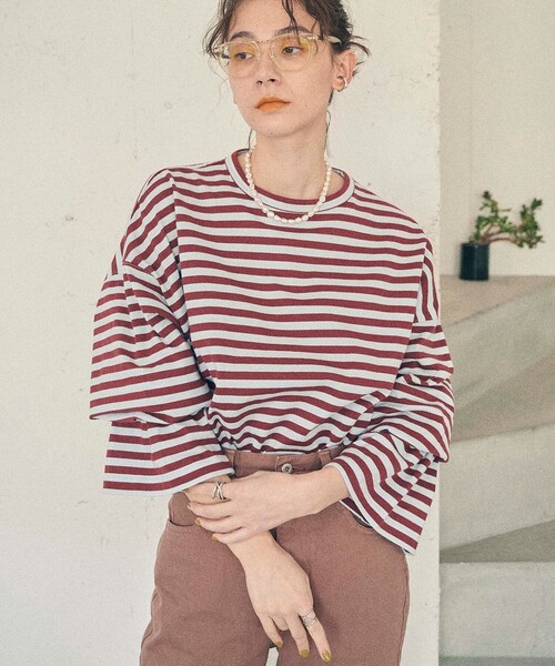 MATURED（マチュアード）の「【MATURED/マチュアード】デザインボーダートップス（Tシャツ/カットソー・レディース・ベージュ/オレンジ/ブルー・FREE）」の13枚目の写真