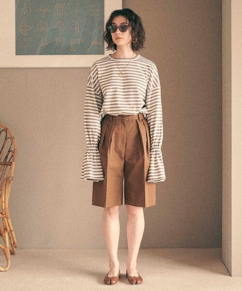 MATURED（マチュアード）の「【MATURED/マチュアード】デザインボーダートップス（Tシャツ/カットソー・レディース・ベージュ/オレンジ/ブルー・FREE）」の4枚目の写真