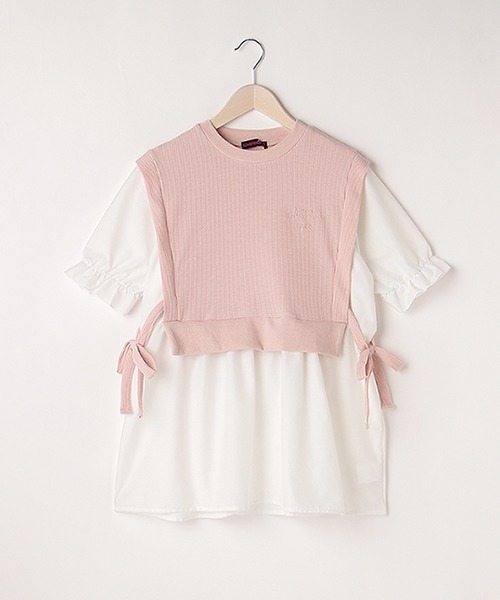 LOVETOXIC(ラブトキシック)の「ベストレイヤード半袖ブラウス(アンサンブル・キッズ・ベージュ/ピンク/ライトグリーン・L/S/SS/M)」の1枚目の写真