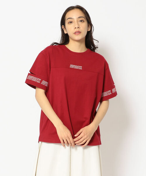 AVIREX（アヴィレックス）の「SLEEVE OPEN EMBROIDERY T-SHIRT/ スリーブオープン刺繍ティーシャツ（Tシャツ/カットソー・レディース・オフホワイト/レッド/サックスブルー/ブラック・FREE）」の4枚目の写真