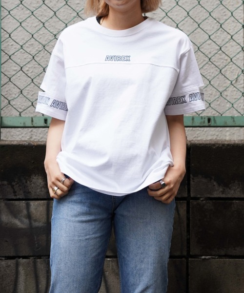 AVIREX（アヴィレックス）の「SLEEVE OPEN EMBROIDERY T-SHIRT/ スリーブオープン刺繍ティーシャツ（Tシャツ/カットソー・レディース・オフホワイト/レッド/サックスブルー/ブラック・FREE）」の19枚目の写真