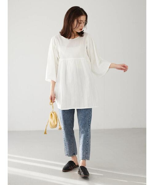 RAY CASSIN FAVORI（レイカズンフェバリ）の「・RAY CASSIN ドビー×ギャザーチュニック（Tシャツ/カットソー・レディース・ブラック/ミント/オフホワイト/イエロー・FREE）」の10枚目の写真