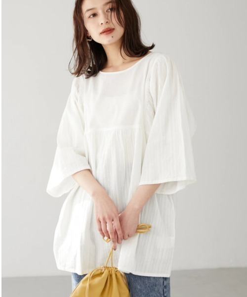 RAY CASSIN FAVORI（レイカズンフェバリ）の「・RAY CASSIN ドビー×ギャザーチュニック（Tシャツ/カットソー・レディース・ブラック/ミント/オフホワイト/イエロー・FREE）」の2枚目の写真