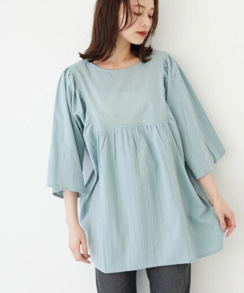 RAY CASSIN FAVORI（レイカズンフェバリ）の「・RAY CASSIN ドビー×ギャザーチュニック（Tシャツ/カットソー・レディース・ブラック/ミント/オフホワイト/イエロー・FREE）」の4枚目の写真