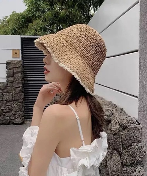 Auntie Rosa(アンティローザ)の「カゴ編みフリルバケットハット(ハット・レディース・ベージュ/オフホワイト・FREE)」の2枚目の写真