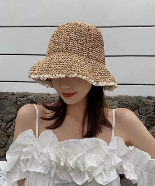 Auntie Rosa(アンティローザ)の「カゴ編みフリルバケットハット(ハット・レディース・ベージュ/オフホワイト・FREE)」の4枚目の写真