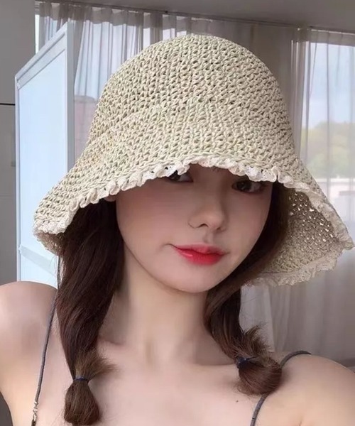 Auntie Rosa(アンティローザ)の「カゴ編みフリルバケットハット(ハット・レディース・ベージュ/オフホワイト・FREE)」の8枚目の写真