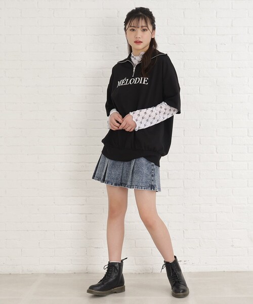 PINK-latte(ピンクラテ)の「◆【セットアイテム/ニコラ掲載商品】5分袖ハーフZIPチュニック+シアートップスセット(Tシャツ/カットソー・キッズ・ライトグレー/ブラック/グリーン・15 /14/16)」の9枚目の写真