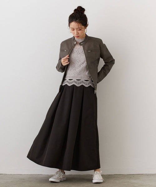 NICOLE white（ニコルホワイト）の「フェイクレザー シングルライダースジャケット（ライダースジャケット・レディース・アッシュグレー/ブラック/ベージュ・FREE）」の8枚目の写真