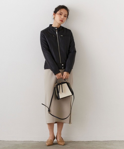 NICOLE white（ニコルホワイト）の「フェイクレザー シングルライダースジャケット（ライダースジャケット・レディース・アッシュグレー/ブラック/ベージュ・FREE）」の7枚目の写真