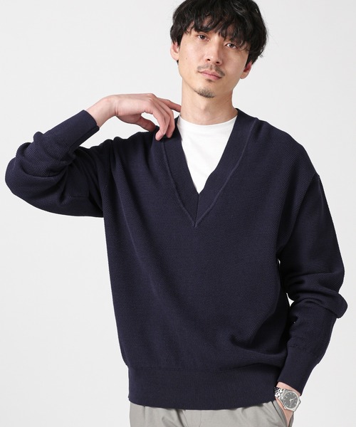 NANO universe（ナノユニバース）の「LB.03/コットンシルケット鹿の子ビッグVネックニット（ニット/セーター・メンズ・グリーン/モカ/ネイビー/レッド/ブラック・S/M/L）」の6枚目の写真