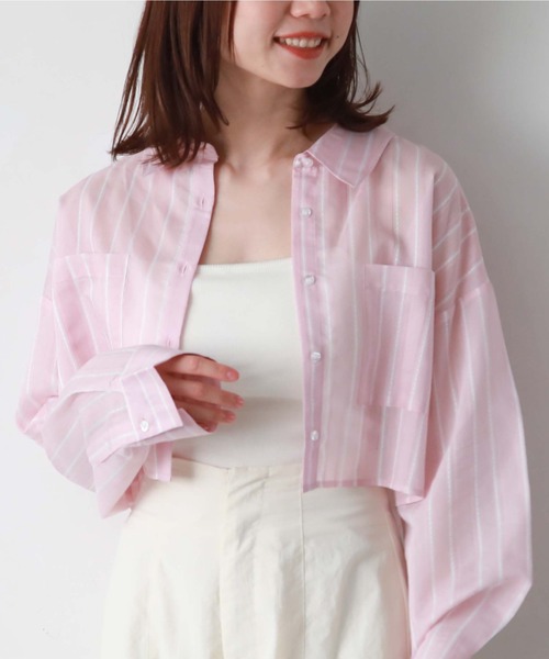 ジーフォア♡ホワイト/ピンク ストライプポロシャツ tops-02550 ストライプ シアーシャツ ホワイト | L a v i s h G
