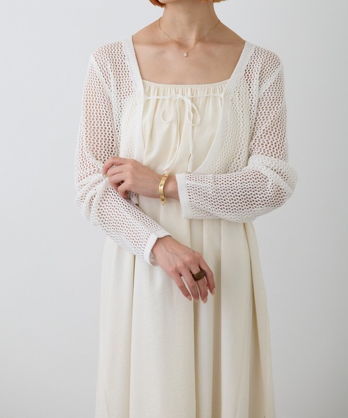 Loco Ocean（ロコオーシャン）の「透かし編みメッシュクロップドカーディガン（カーディガン/ボレロ・レディース・グリーン/オフホワイト・FREE）」の6枚目の写真