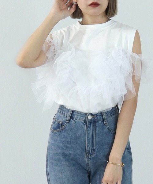 HEILIS(ヘイリス)の「3wayチュールデザインカットソー / チュールトップス ノースリーブ タンクトップ カットソー フリル オフィスカジュアル(Tシャツ/カットソー・レディース・オフホワイト/ブラック・FREE)」の19枚目の写真
