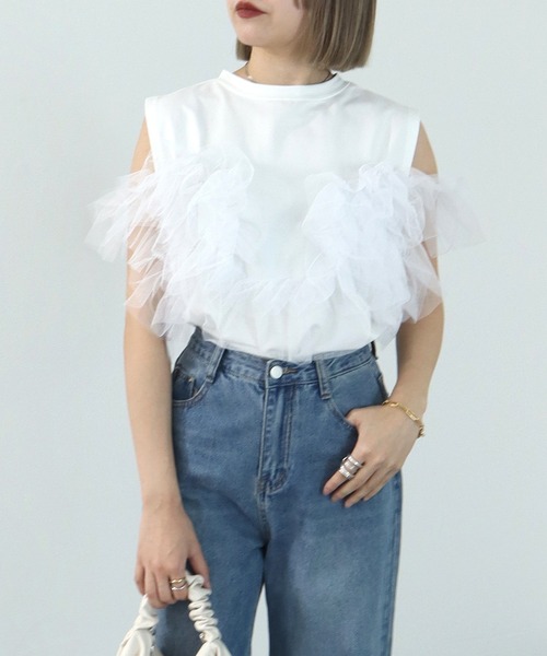 HEILIS(ヘイリス)の「3wayチュールデザインカットソー / チュールトップス ノースリーブ タンクトップ カットソー フリル オフィスカジュアル(Tシャツ/カットソー・レディース・オフホワイト/ブラック・FREE)」の20枚目の写真