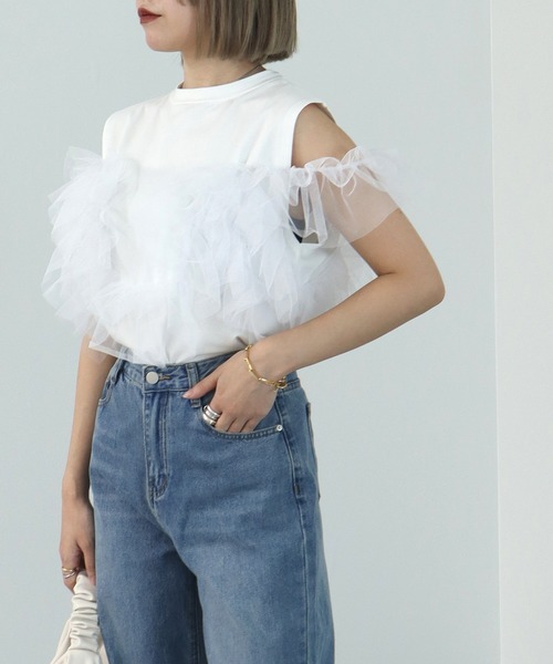 HEILIS(ヘイリス)の「3wayチュールデザインカットソー / チュールトップス ノースリーブ タンクトップ カットソー フリル オフィスカジュアル(Tシャツ/カットソー・レディース・オフホワイト/ブラック・FREE)」の21枚目の写真